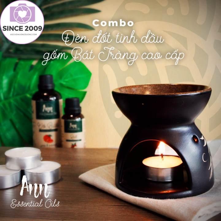 COMBO Tinh dầu 10ml & đèn xông tinh dầu Gốm Bát Tràng cao cấp loại lớn | Tặng 5 viên nến cháy 3-4h không mùi chuyên dụng-Sả chanh(Lemongrass)
