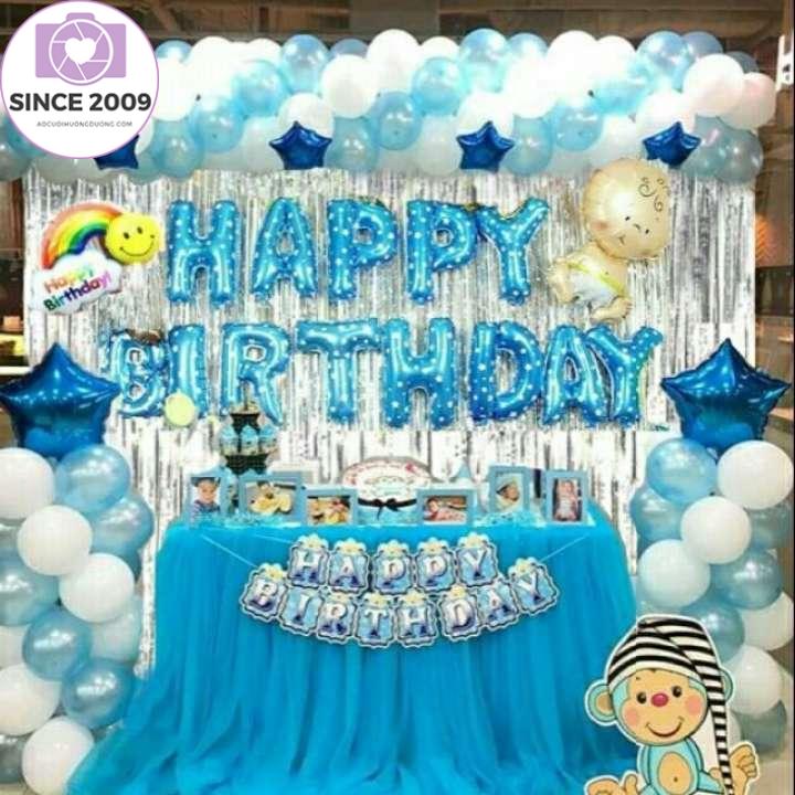 Combo trang trí sinh nhật 2 Rèm Kim Tuyến, Bóng Chữ Happy Birthday và 50 bóng tròn+ bóng sao+ bóng em bé (Tặng bơm + Keo dán)