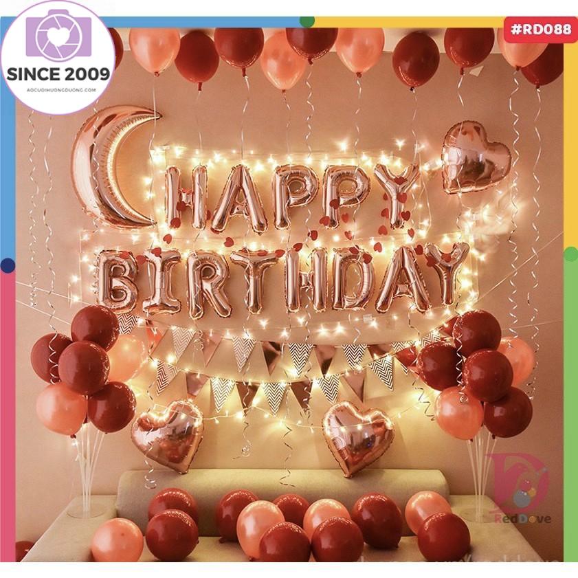 (Kèm đèn led+bơm+băng keo) Set trang trí sinh nhật tone màu đỏ hồng Gold