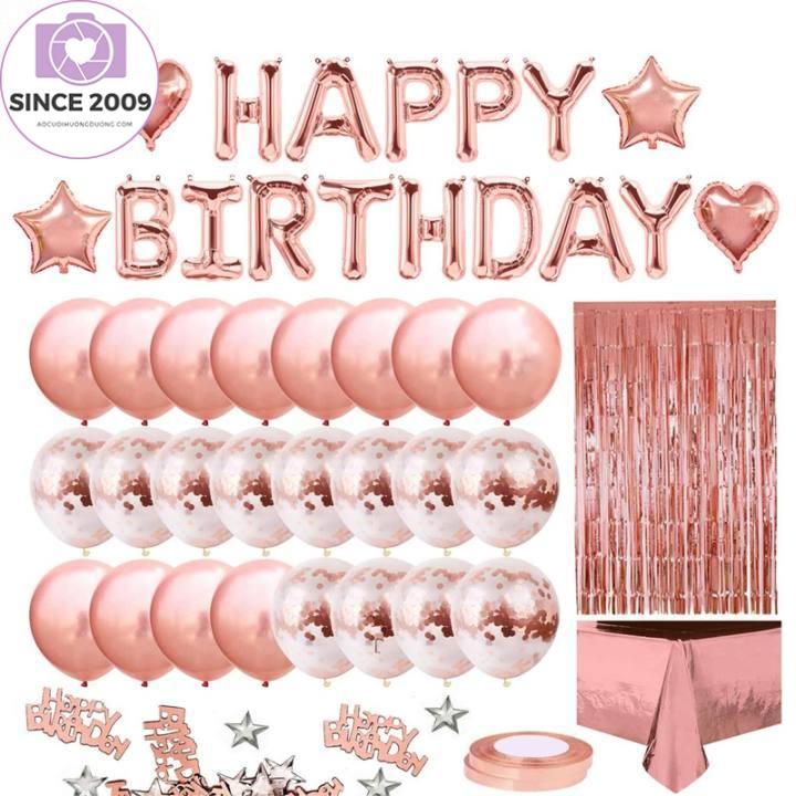Rose Gold Birthday Party Decor with Happy Birthday Banner, Rose Gold Fringe Curtain Foil Tablecloth, Heart Star Confetti